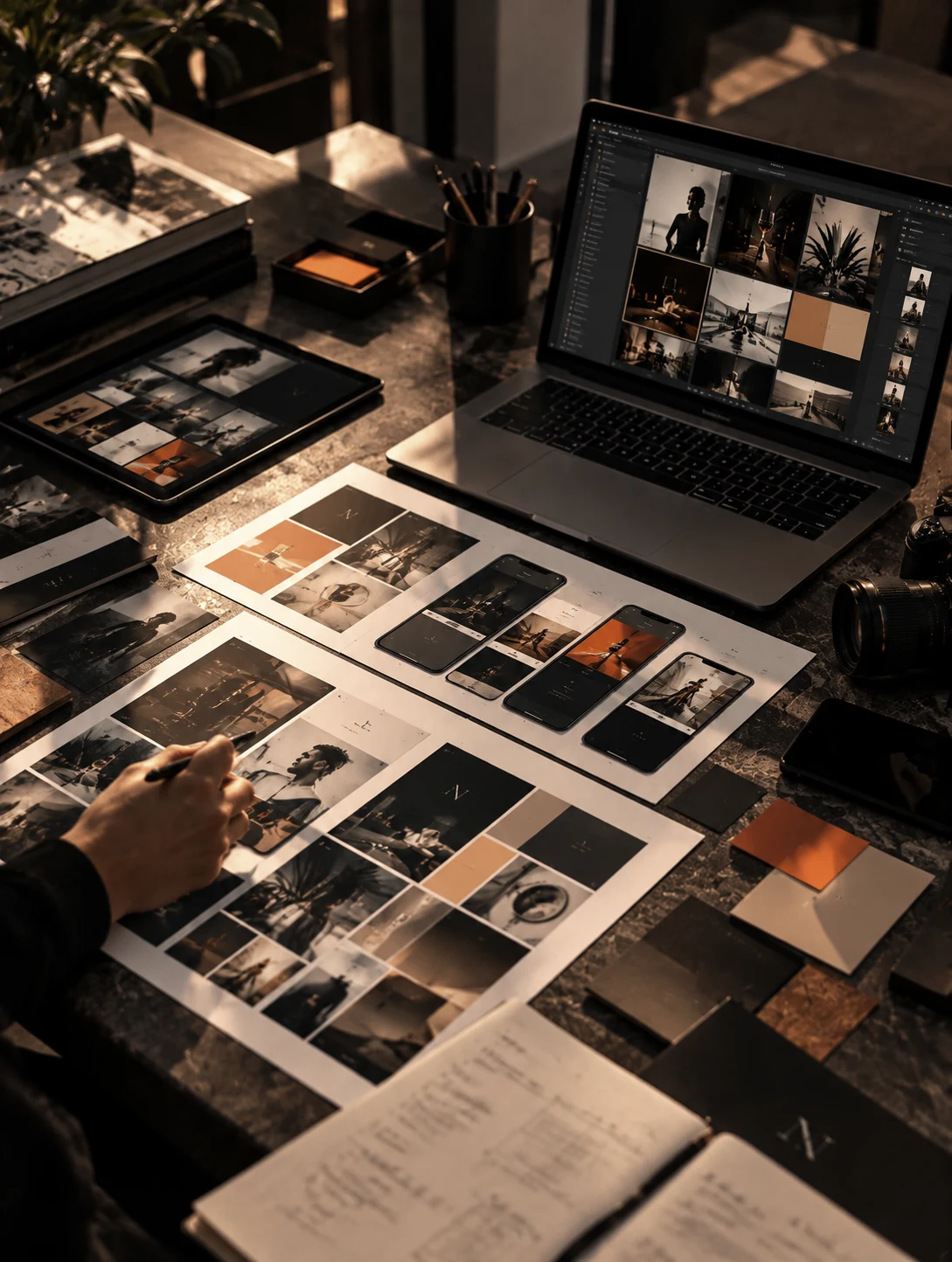 Dirección creativa: fotografías, paleta y aplicaciones de marca en una mesa de trabajo