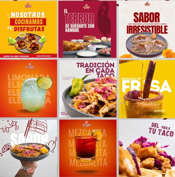 Después: retícula de gastronomía con colores cálidos y mensajes de producto